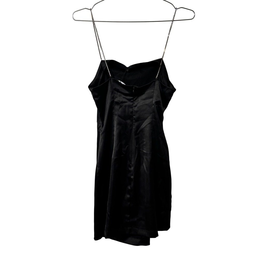 Zara Black Satin Mini Dress Rhinestone Chain Straps Ruched Size S Party NWT - Picture 3 of 13